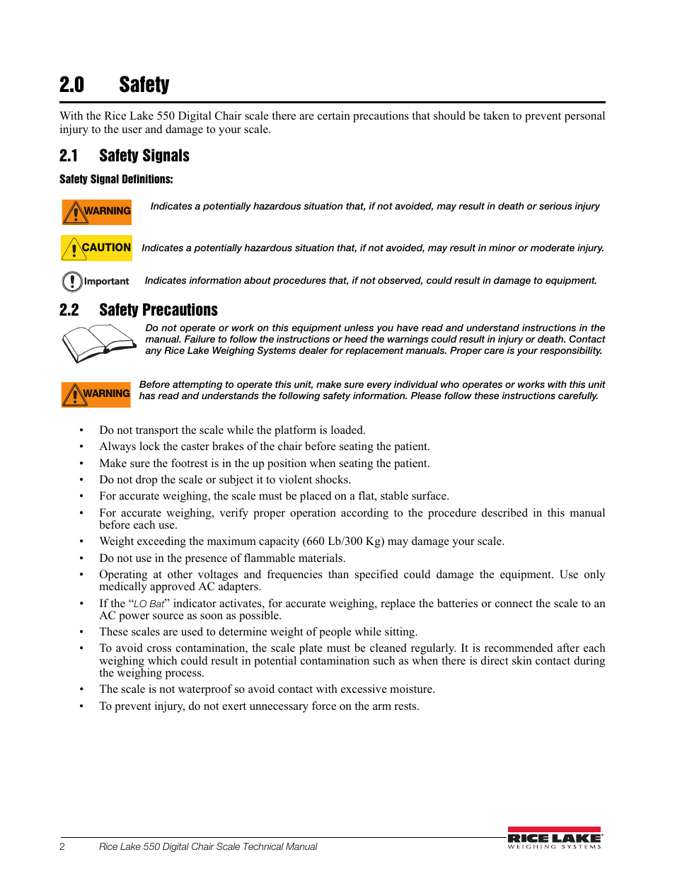 0 safety, 1 safety signals, 2 safety precautions | Rice Lake RL550 Digital Chair Scale Technical and Operating Instructions User Manual | Page 6 / 34