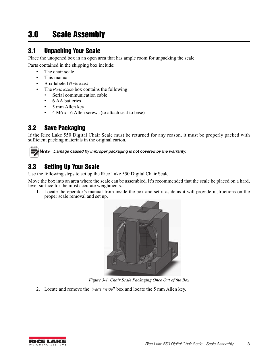 0 scale assembly, 1 unpacking your scale, 2 save packaging | 3 setting up your scale, Scale assembly | Rice Lake RL550 Digital Chair Scale Technical and Operating Instructions User Manual | Page 7 / 34