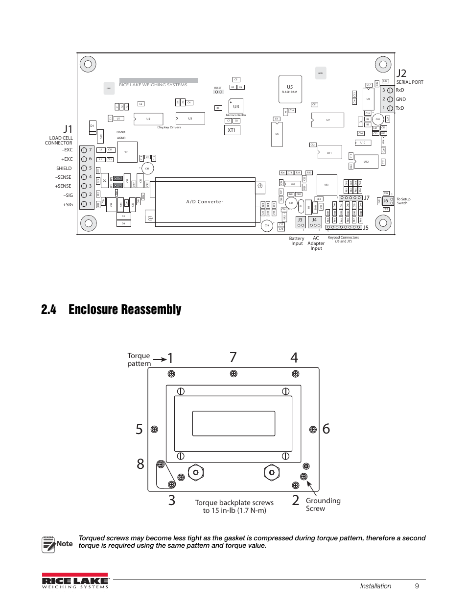 4 enclosure reassembly, Section 2.4, Figure ) | Figure 2-4, Grounding screw figure 2-5. enclosure backplate, Installation 9 | Rice Lake SURVIVOR LV Series Livestock Ring Scale User Manual | Page 13 / 56