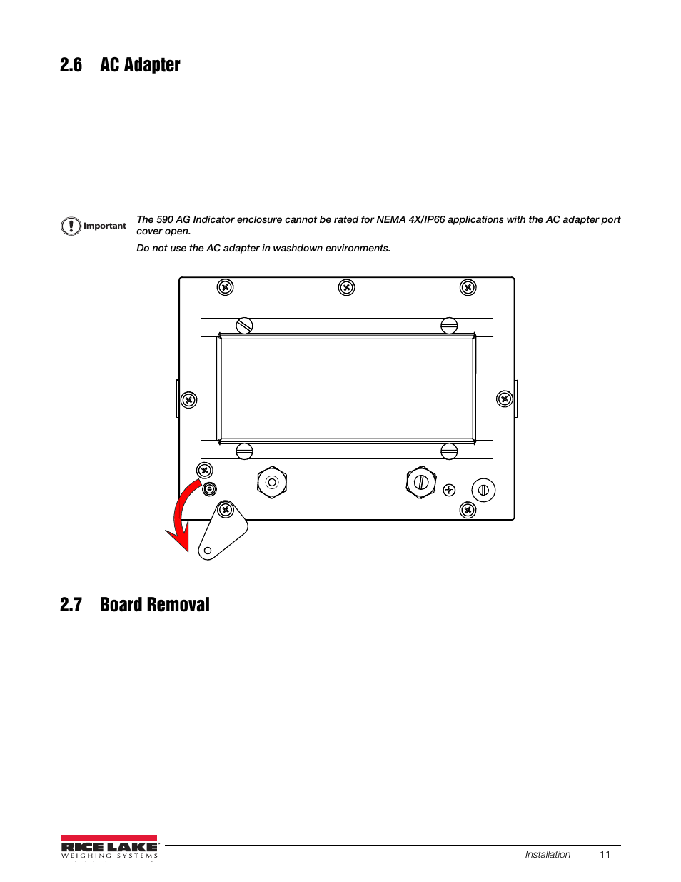 6 ac adapter, 7 board removal, 6 ac adapter 2.7 board removal | Rice Lake SURVIVOR LV Series Livestock Ring Scale User Manual | Page 15 / 56