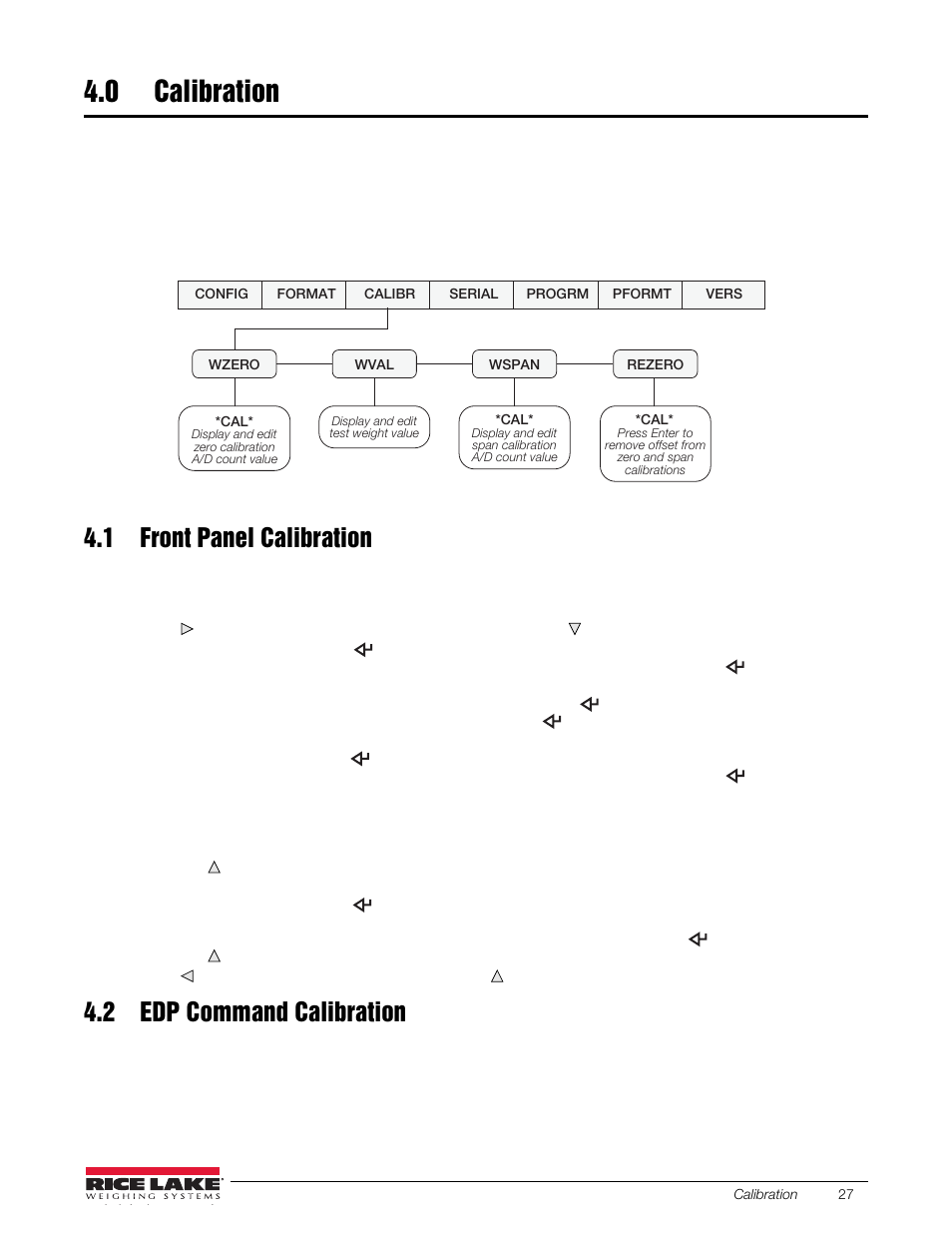 0 calibration, 1 front panel calibration, 2 edp command calibration | Calibration | Rice Lake SURVIVOR LV Series Livestock Ring Scale User Manual | Page 31 / 56