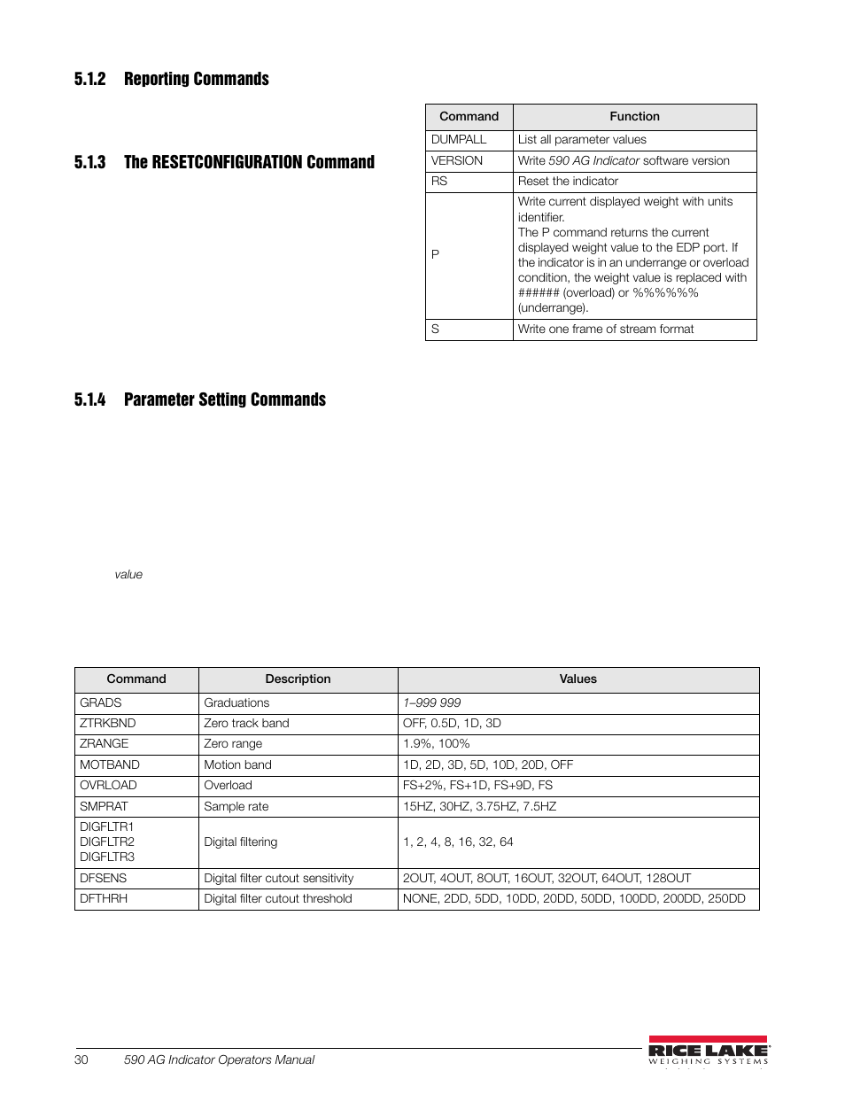 2 reporting commands, 3 the resetconfiguration command, 4 parameter setting commands | Reporting commands, The resetconfiguration command, Parameter setting commands | Rice Lake SURVIVOR LV Series Livestock Ring Scale User Manual | Page 34 / 56