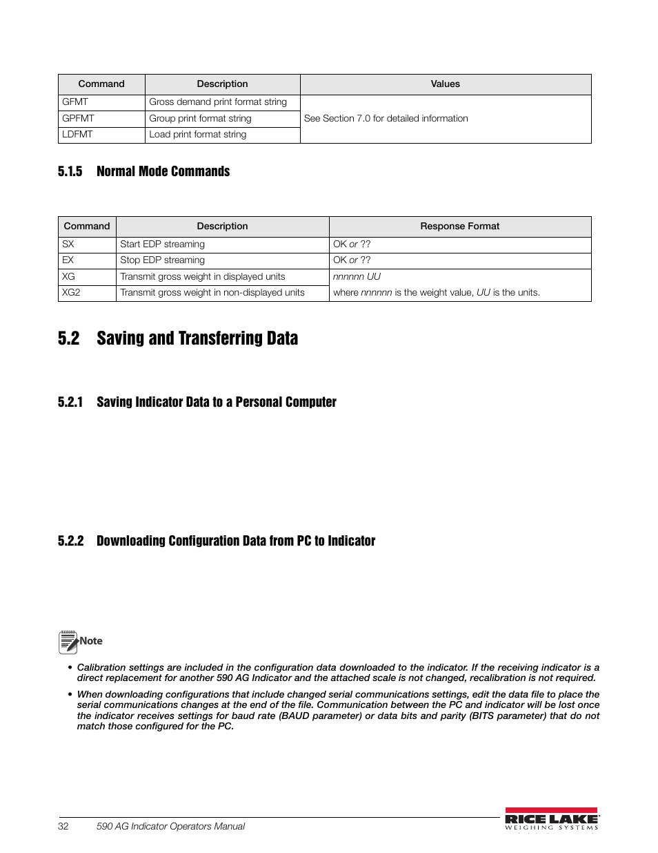 5 normal mode commands, 2 saving and transferring data, 1 saving indicator data to a personal computer | Normal mode commands, Saving indicator data to a personal computer, Table 5-8 | Rice Lake SURVIVOR LV Series Livestock Ring Scale User Manual | Page 36 / 56