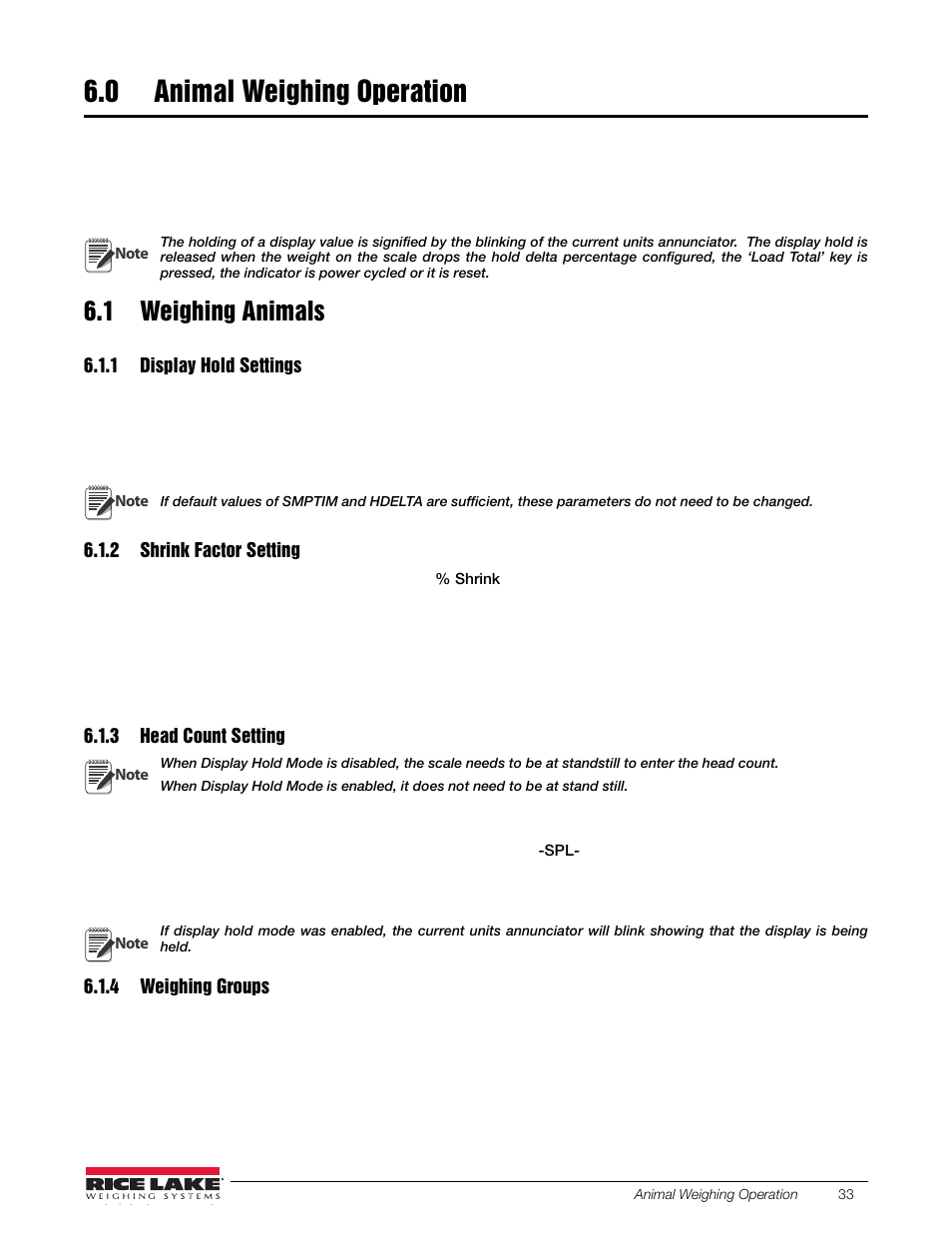 0 animal weighing operation, 1 weighing animals, 1 display hold settings | 2 shrink factor setting, 3 head count setting, 4 weighing groups, Animal weighing operation, Display hold settings, Shrink factor setting, Head count setting | Rice Lake SURVIVOR LV Series Livestock Ring Scale User Manual | Page 37 / 56