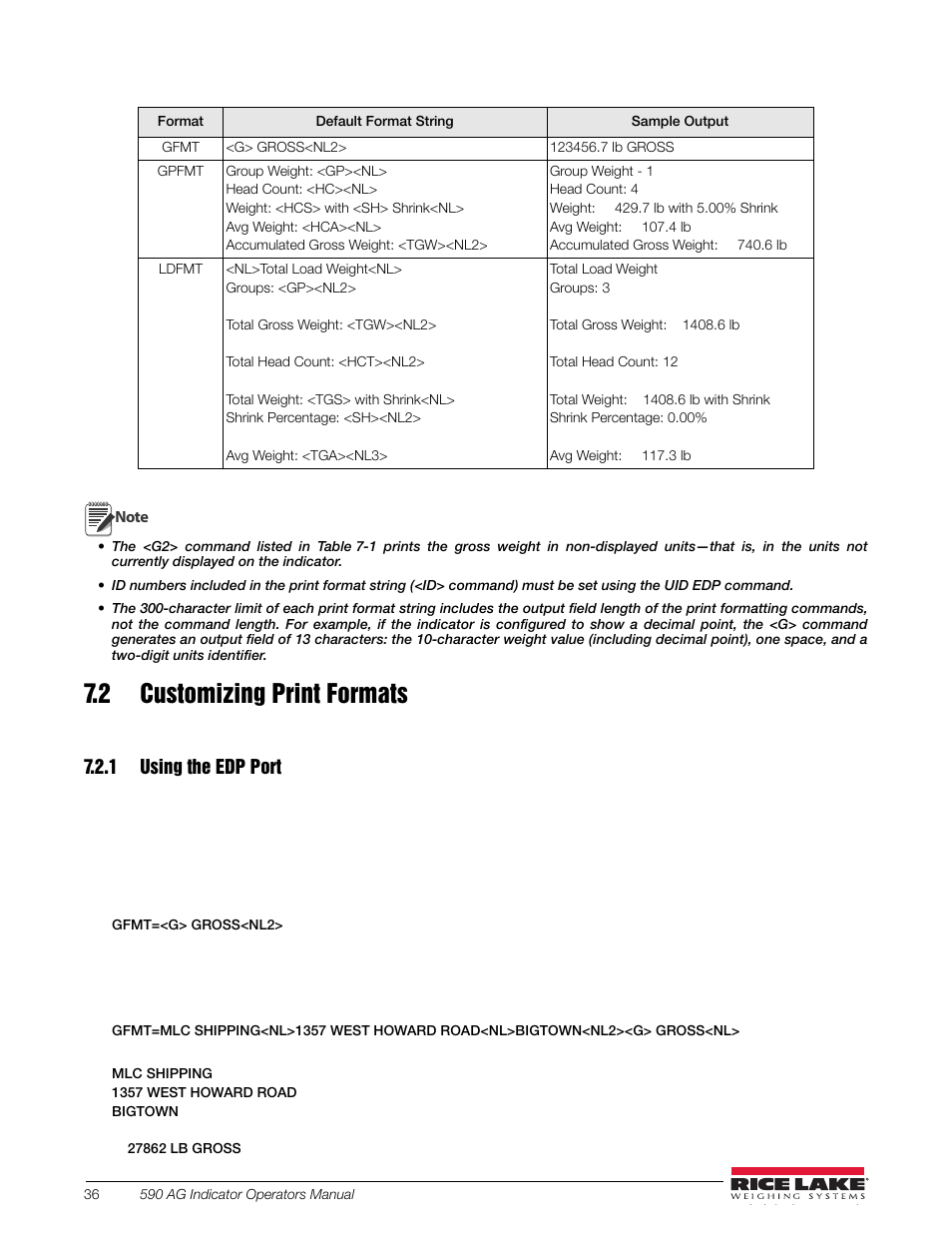 2 customizing print formats, 1 using the edp port, Using the edp port | Rice Lake SURVIVOR LV Series Livestock Ring Scale User Manual | Page 40 / 56