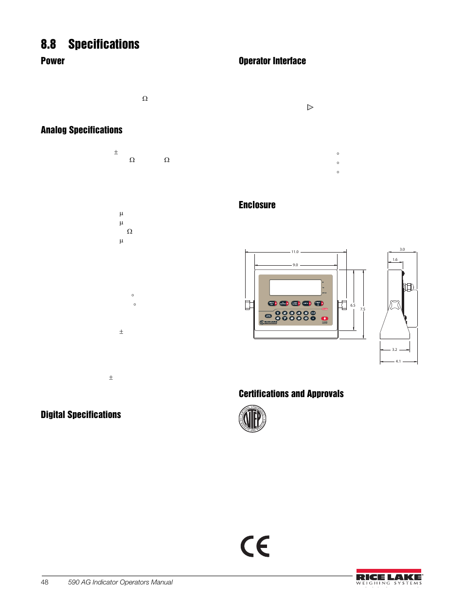 8 specifications, Section 8.8 for, Power | Analog specifications, Digital specifications, Operator interface, Enclosure, Certifications and approvals, Serial communications, Environmental | Rice Lake SURVIVOR LV Series Livestock Ring Scale User Manual | Page 52 / 56