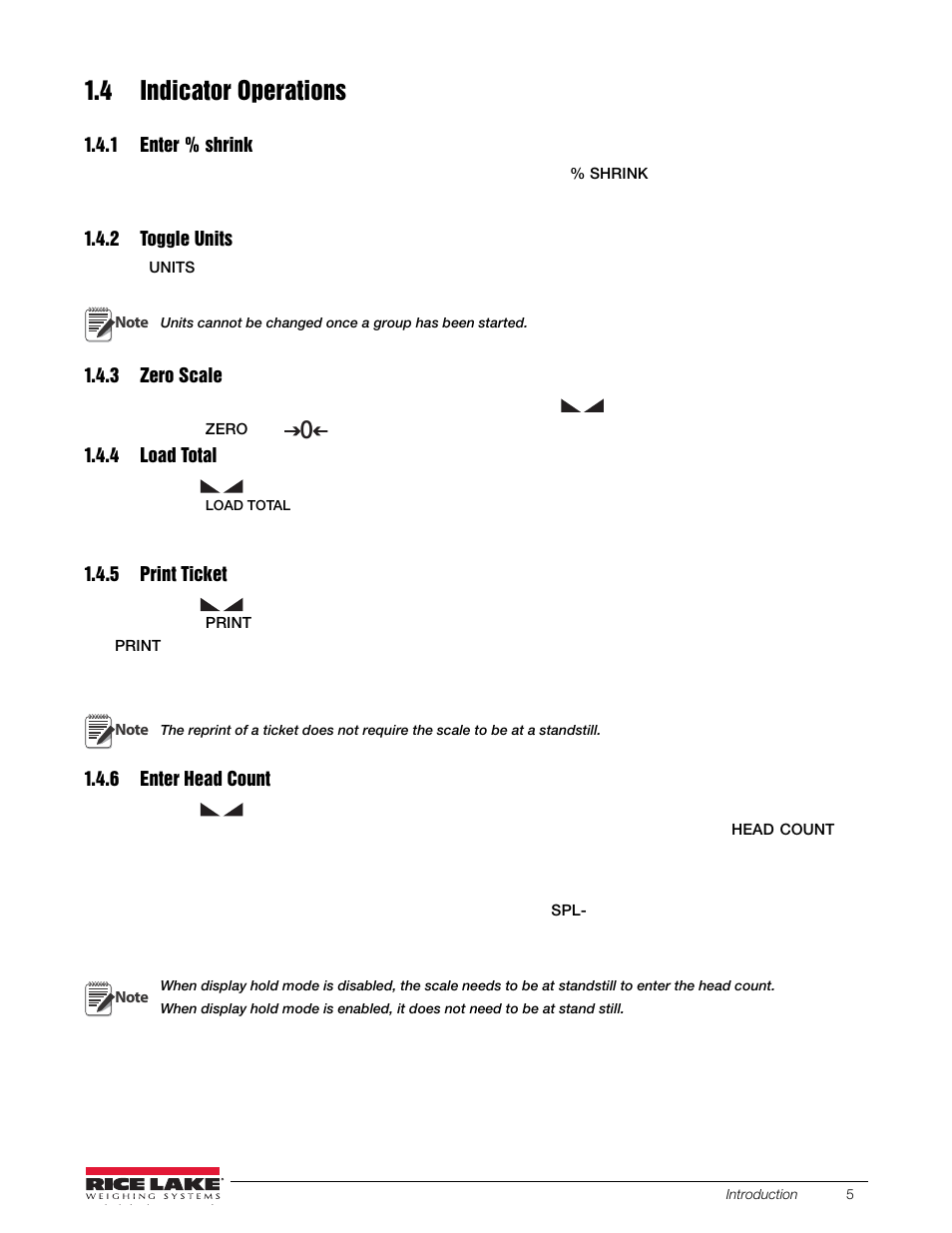 4 indicator operations, 1 enter % shrink, 2 toggle units | 3 zero scale, 4 load total, 5 print ticket, 6 enter head count, Enter % shrink, Toggle units, Zero scale | Rice Lake SURVIVOR LV Series Livestock Ring Scale User Manual | Page 9 / 56