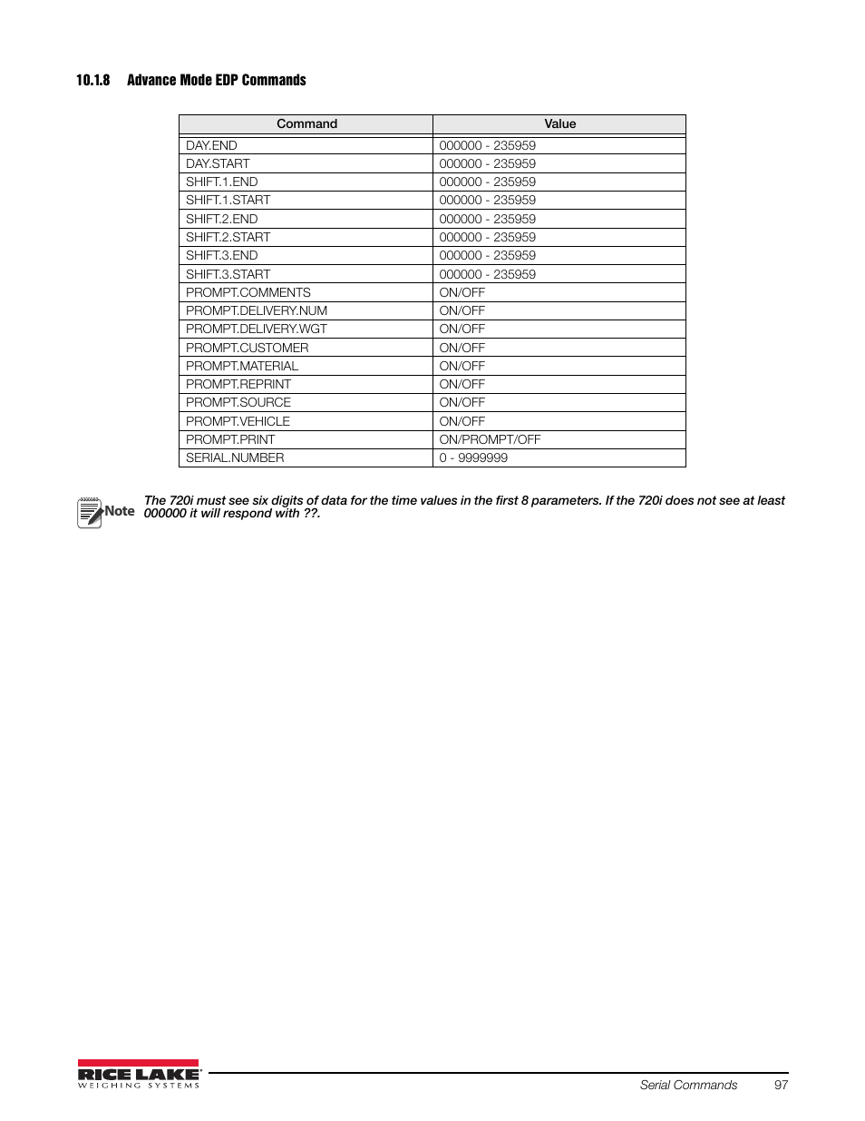 8 advance mode edp commands, Advance mode edp commands | Rice Lake 720i Programmable Indicator/Controller - Installation Manual User Manual | Page 103 / 122