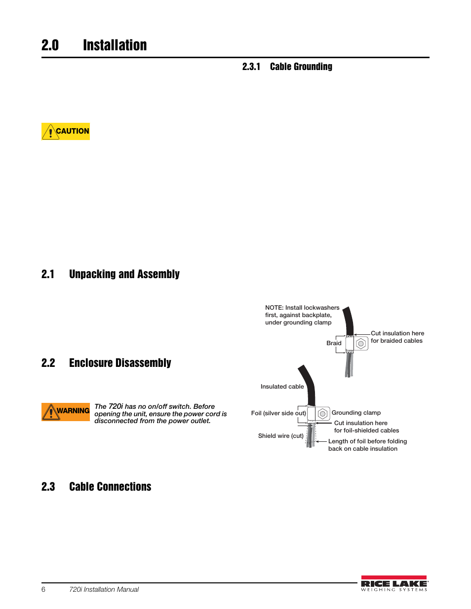 0 installation, 1 unpacking and assembly, 2 enclosure disassembly | 3 cable connections, 1 cable grounding, Installation, Cable grounding | Rice Lake 720i Programmable Indicator/Controller - Installation Manual User Manual | Page 12 / 122