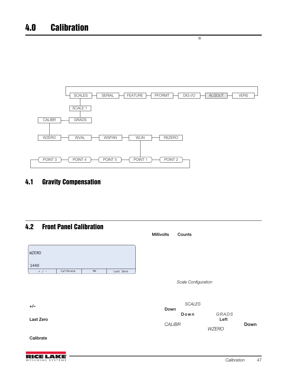 0 calibration, 1 gravity compensation, 2 front panel calibration | Calibration, 1 gravity compensation 4.2 front panel calibration | Rice Lake 720i Programmable Indicator/Controller - Installation Manual User Manual | Page 53 / 122