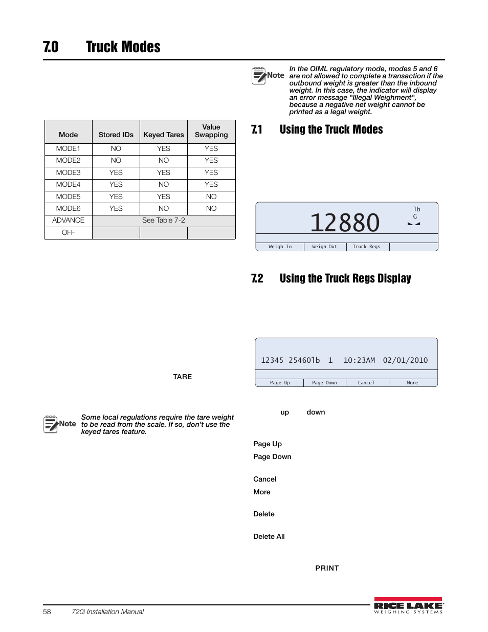 0 truck modes, 1 using the truck modes, 2 using the truck regs display | Truck modes | Rice Lake 720i Programmable Indicator/Controller - Installation Manual User Manual | Page 64 / 122