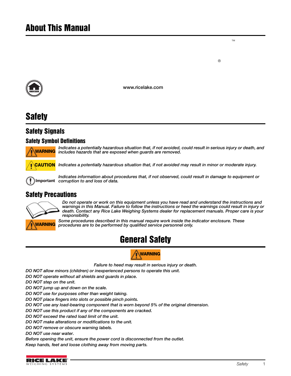 About this manual, Safety, General safety | Safety signals, Safety precautions | Rice Lake 720i Programmable Indicator/Controller - Installation Manual User Manual | Page 7 / 122