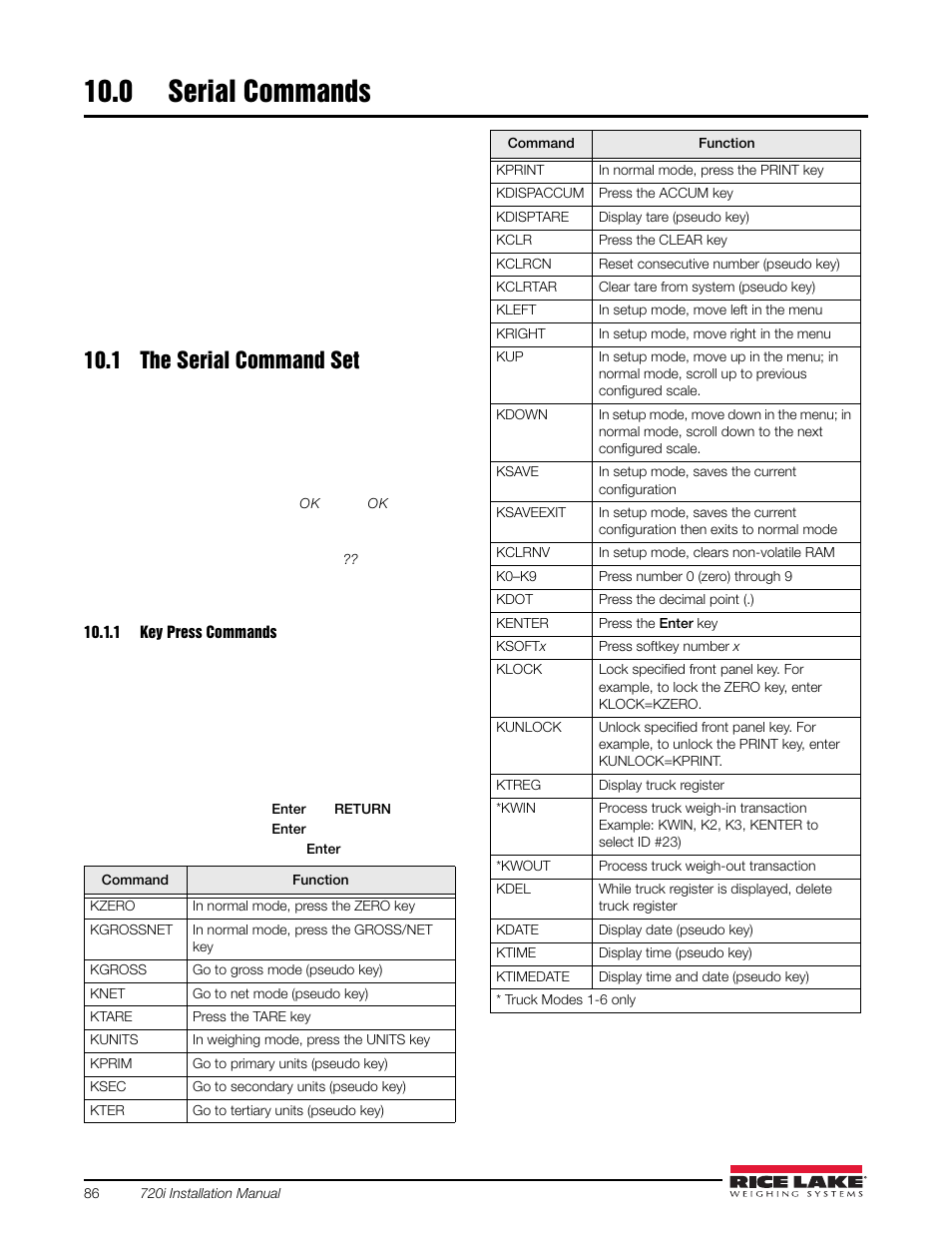 0 serial commands, 1 the serial command set, 1 key press commands | Serial commands, Key press commands | Rice Lake 720i Programmable Indicator/Controller - Installation Manual User Manual | Page 92 / 122