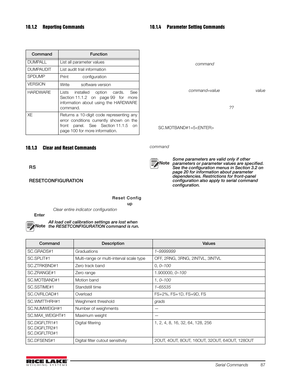 2 reporting commands, 3 clear and reset commands, 4 parameter setting commands | Reporting commands, Clear and reset commands, Parameter setting commands | Rice Lake 720i Programmable Indicator/Controller - Installation Manual User Manual | Page 93 / 122
