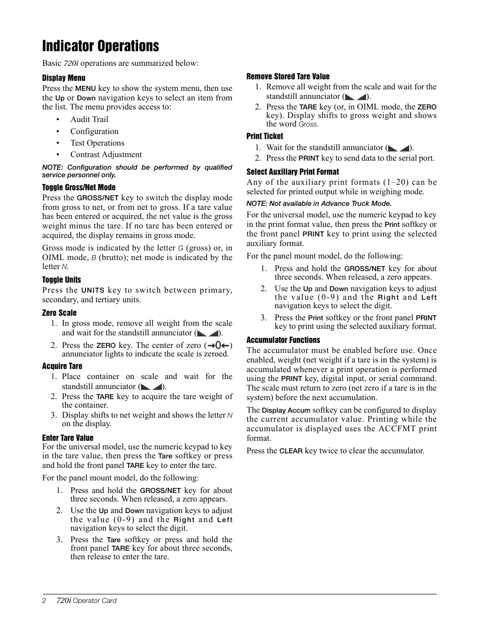 Indicator operations | Rice Lake 720i Programmable Indicator/Controller - Operator Card User Manual | Page 2 / 4