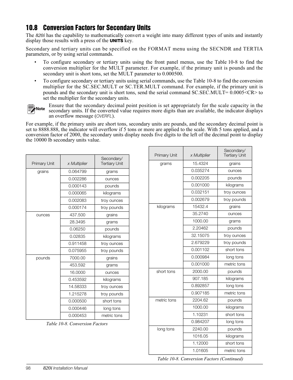 8 conversion factors for secondary units, Conversion factors for secondary units, 98 for a list of | Section, 98 for information about conversion factors | Rice Lake 820i Programmable Indicator/Controller - Installation Manual User Manual | Page 102 / 112