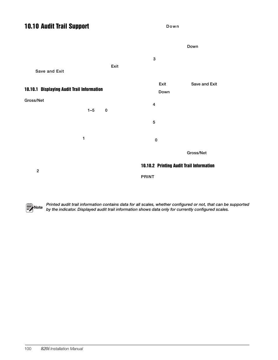 10 audit trail support, 1 displaying audit trail information, 2 printing audit trail information | Audit trail support, Displaying audit trail information, Printing audit trail information, Described in section | Rice Lake 820i Programmable Indicator/Controller - Installation Manual User Manual | Page 104 / 112