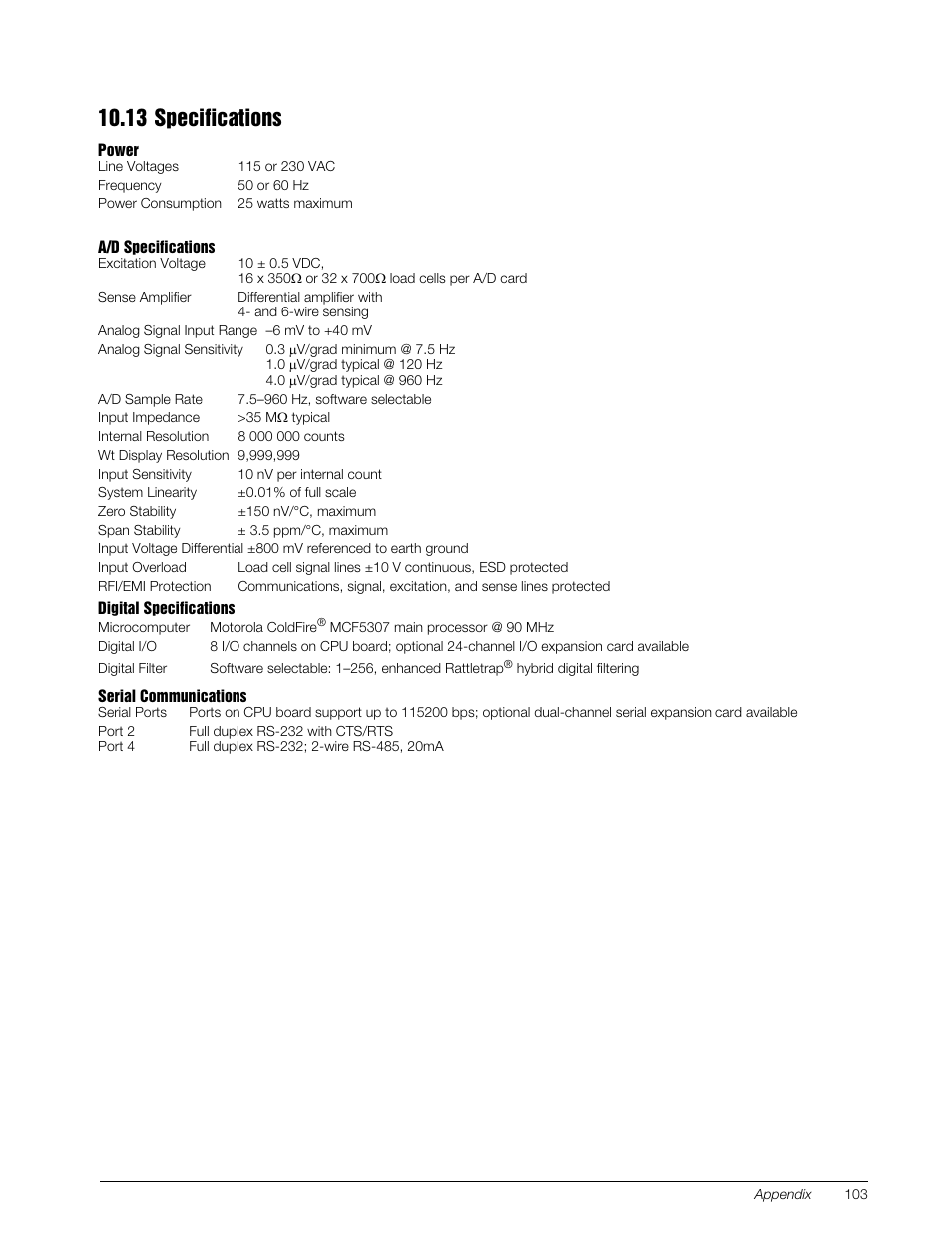 13 specifications, Specifications | Rice Lake 820i Programmable Indicator/Controller - Installation Manual User Manual | Page 107 / 112