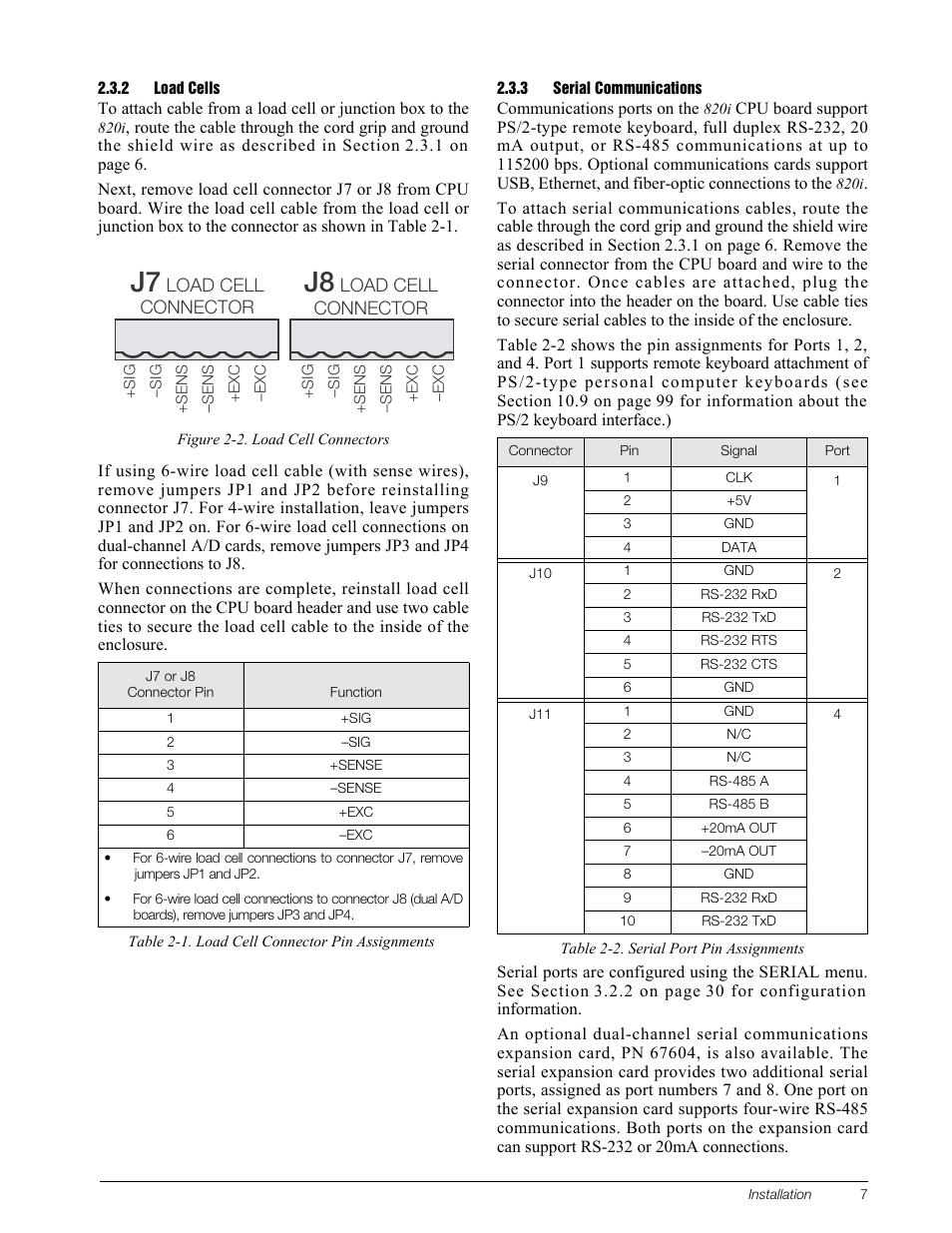 2 load cells, 3 serial communications, Load cells | Serial communications | Rice Lake 820i Programmable Indicator/Controller - Installation Manual User Manual | Page 11 / 112