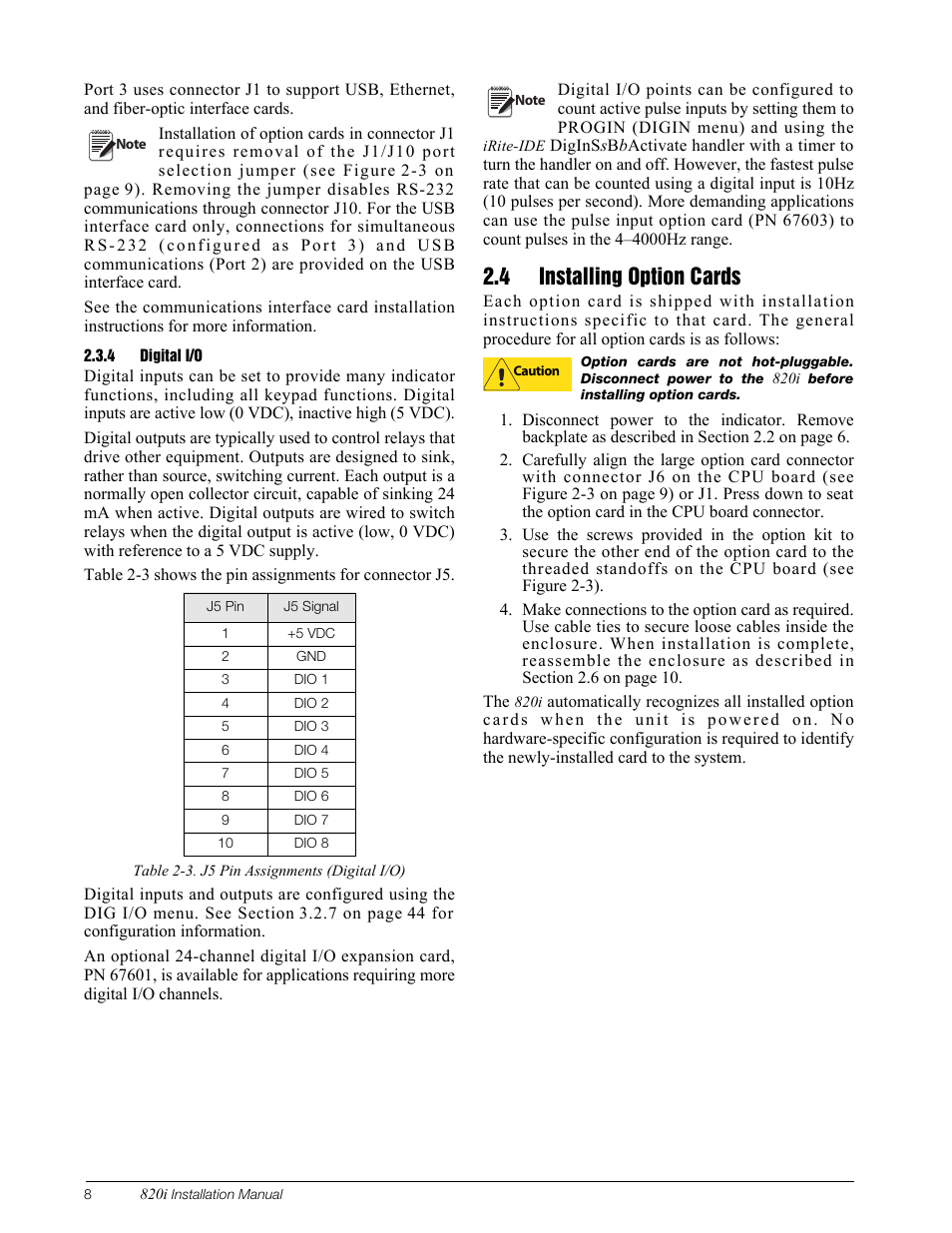 4 digital i/o, 4 installing option cards, Digital i/o | Installing option cards | Rice Lake 820i Programmable Indicator/Controller - Installation Manual User Manual | Page 12 / 112