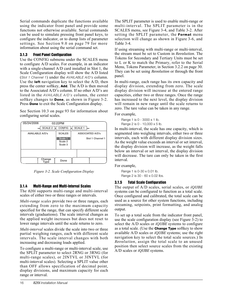 3 front panel configuration, 4 multi-range and multi-interval scales, 5 total scale configuration | Front panel configuration, Multi-range and multi-interval scales, Total scale configuration, Section | Rice Lake 820i Programmable Indicator/Controller - Installation Manual User Manual | Page 20 / 112