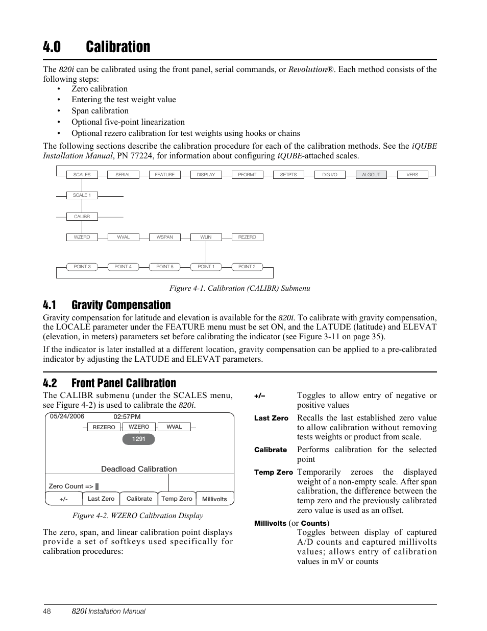 0 calibration, 1 gravity compensation, 2 front panel calibration | Calibration, Gravity compensation, Front panel calibration, Section, 2 on | Rice Lake 820i Programmable Indicator/Controller - Installation Manual User Manual | Page 52 / 112