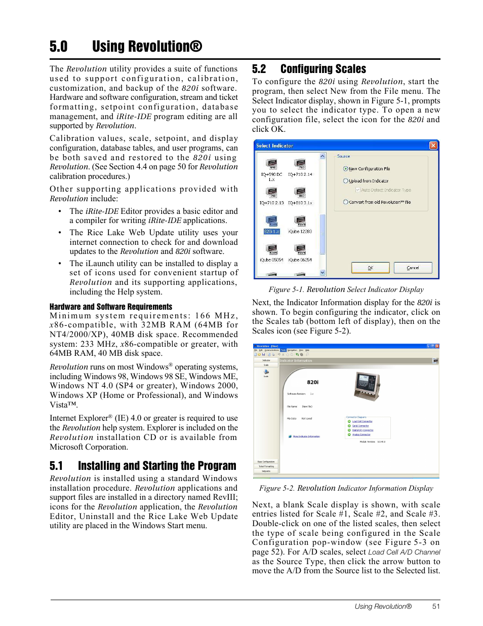 0 using revolution, 1 installing and starting the program, 2 configuring scales | Using, Revolution, Installing and starting the program, Configuring scales, Section 5.0 on | Rice Lake 820i Programmable Indicator/Controller - Installation Manual User Manual | Page 55 / 112