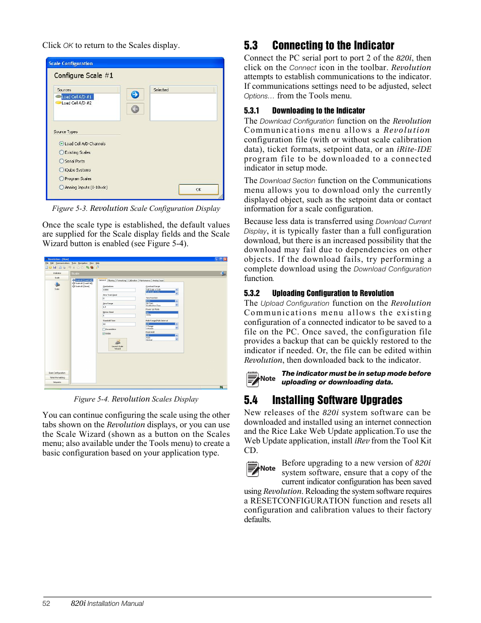3 connecting to the indicator, 1 downloading to the indicator, 2 uploading configuration to revolution | 4 installing software upgrades, Connecting to the indicator, Downloading to the indicator, Uploading configuration to revolution, Installing software upgrades, Figure 5-3 on | Rice Lake 820i Programmable Indicator/Controller - Installation Manual User Manual | Page 56 / 112