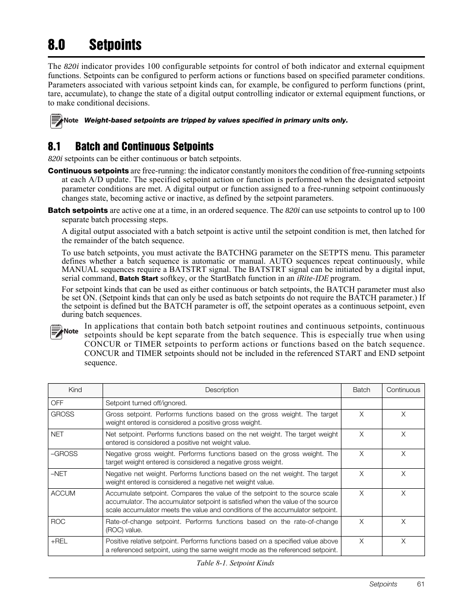 0 setpoints, 1 batch and continuous setpoints, Setpoints | Batch and continuous setpoints | Rice Lake 820i Programmable Indicator/Controller - Installation Manual User Manual | Page 65 / 112