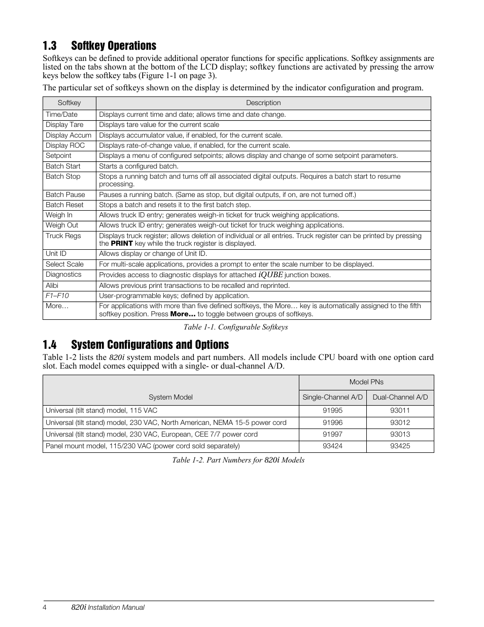 3 softkey operations, 4 system configurations and options, Softkey operations | System configurations and options, Section | Rice Lake 820i Programmable Indicator/Controller - Installation Manual User Manual | Page 8 / 112