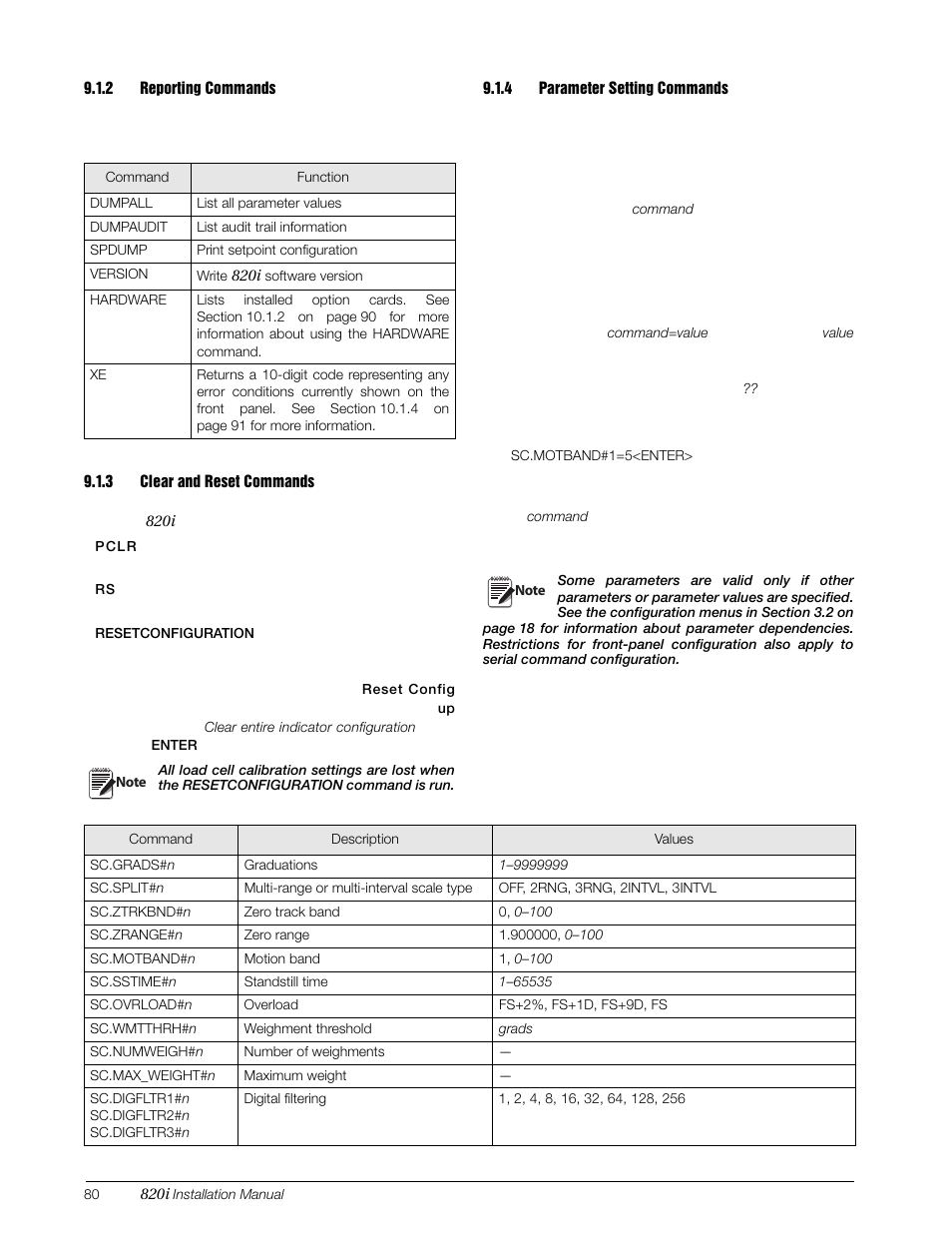 2 reporting commands, 3 clear and reset commands, 4 parameter setting commands | Reporting commands, Clear and reset commands, Parameter setting commands | Rice Lake 820i Programmable Indicator/Controller - Installation Manual User Manual | Page 84 / 112