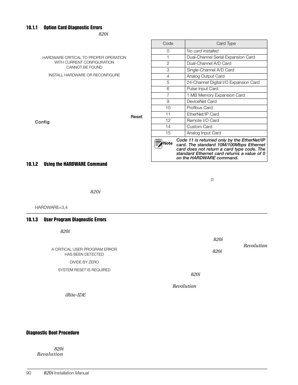 1 option card diagnostic errors, 2 using the hardware command, 3 user program diagnostic errors | Option card diagnostic errors, Using the hardware command, User program diagnostic errors, Section, Required option card not found. see section | Rice Lake 820i Programmable Indicator/Controller - Installation Manual User Manual | Page 94 / 112
