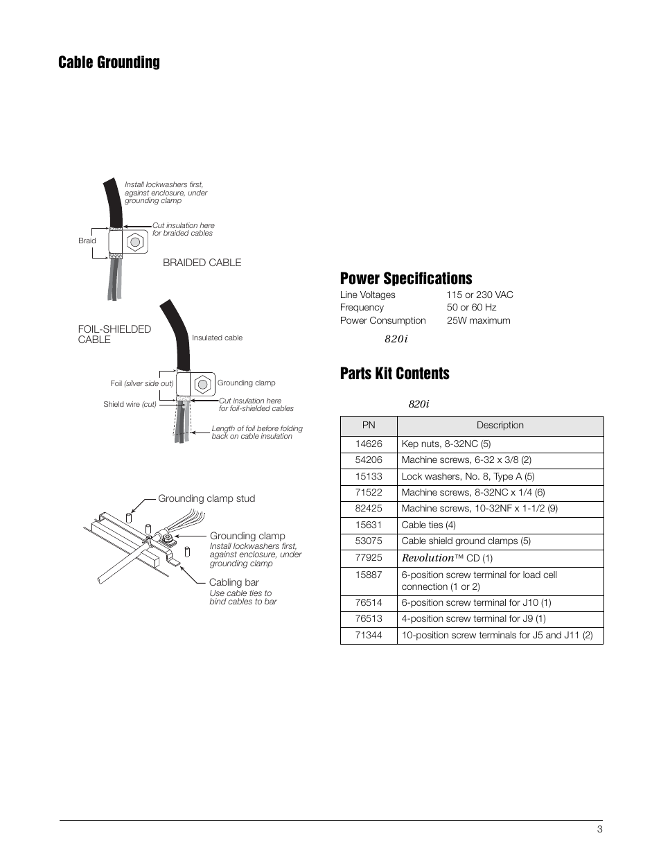Cable grounding, Power specifications, Parts kit contents | Rice Lake 820i Programmable Indicator/Controller - Panel Mount Enclosure Installation Instructions User Manual | Page 3 / 6