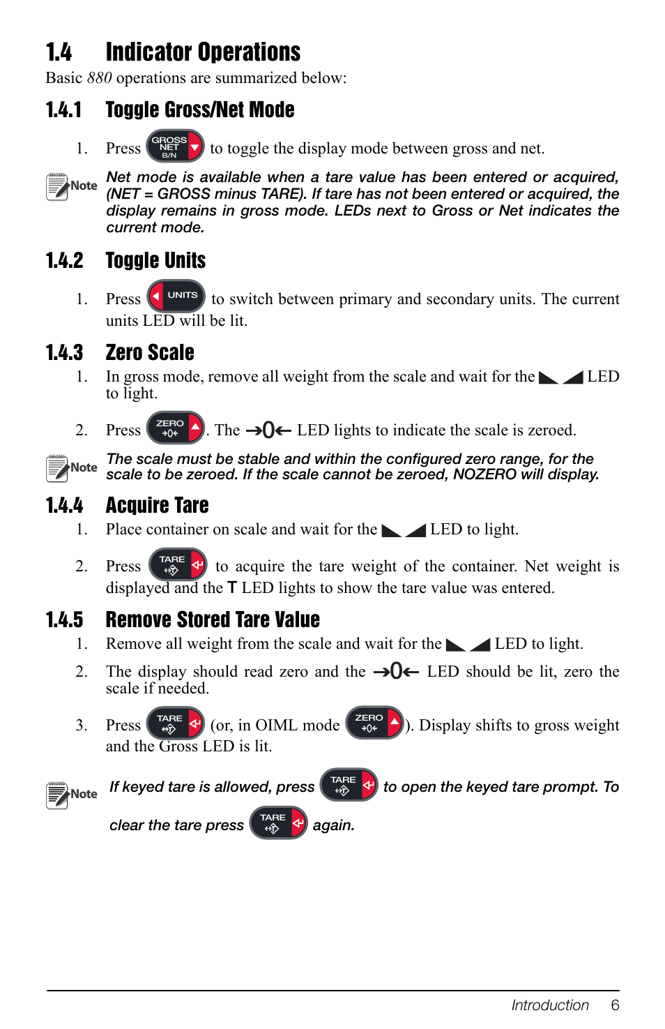 4 indicator operations, 1 toggle gross/net mode, 2 toggle units | 3 zero scale, 4 acquire tare, 5 remove stored tare value, Toggle gross/net mode, Toggle units, Zero scale, Acquire tare | Rice Lake 880 Performance Series Indicator/Controller Operators Manual User Manual | Page 10 / 36