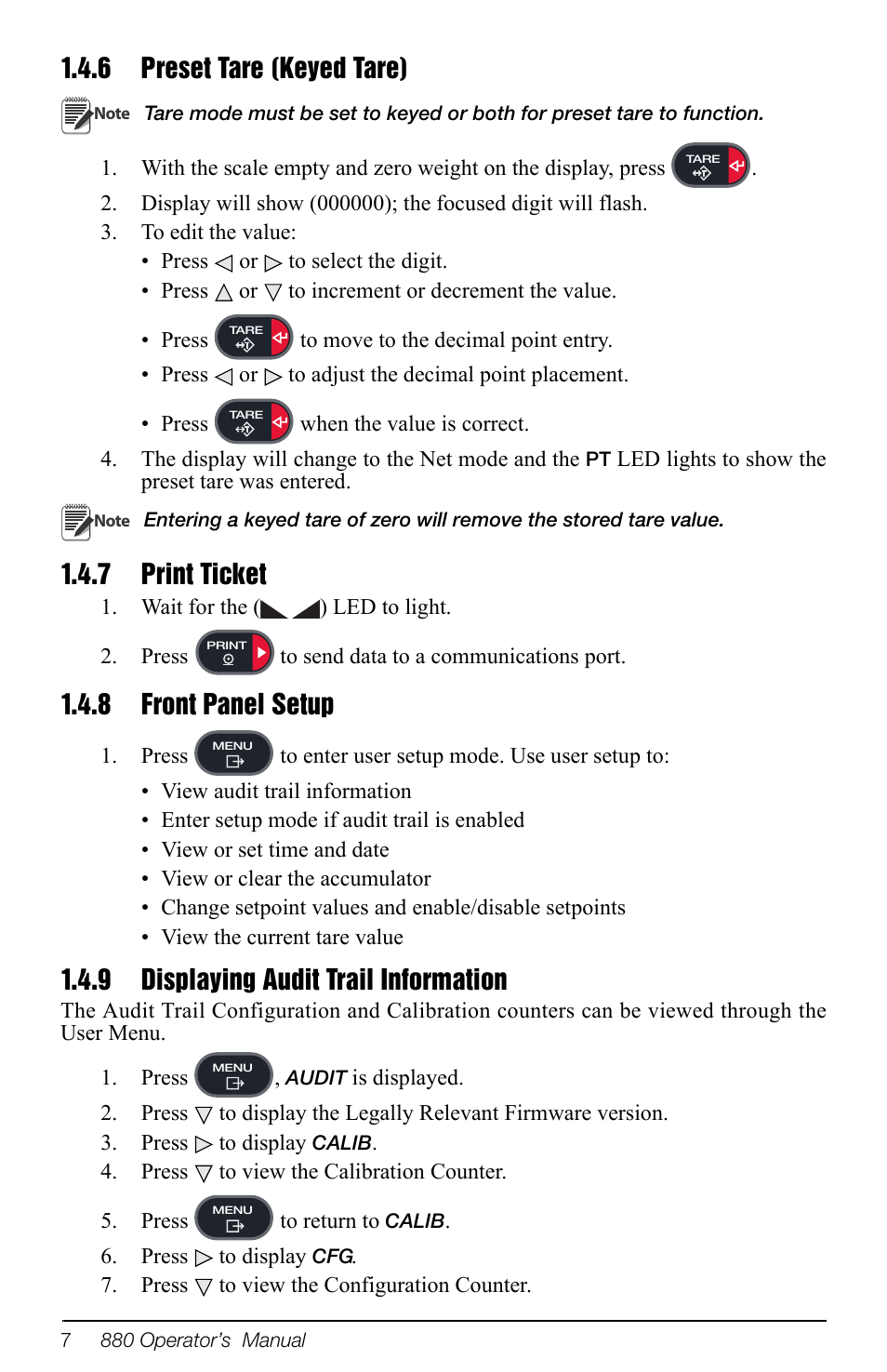 6 preset tare (keyed tare), 7 print ticket, 8 front panel setup | 9 displaying audit trail information, Preset tare (keyed tare), Print ticket, Front panel setup, Displaying audit trail information | Rice Lake 880 Performance Series Indicator/Controller Operators Manual User Manual | Page 11 / 36