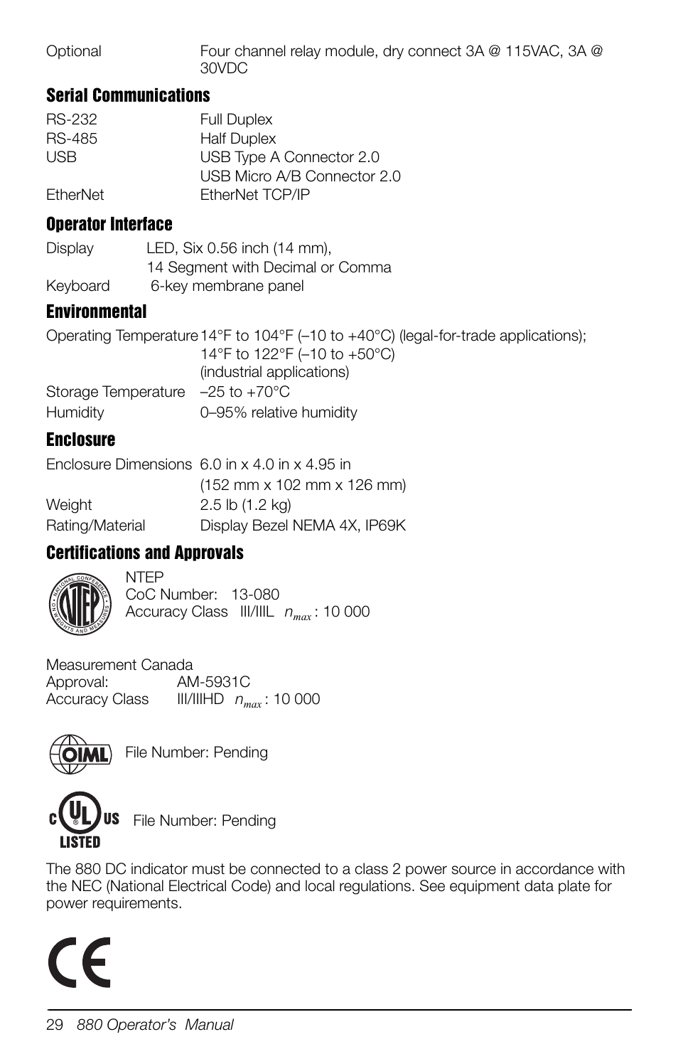 Serial communications, Operator interface, Environmental | Enclosure, Certifications and approvals | Rice Lake 880 Performance Series Indicator/Controller Operators Manual User Manual | Page 33 / 36