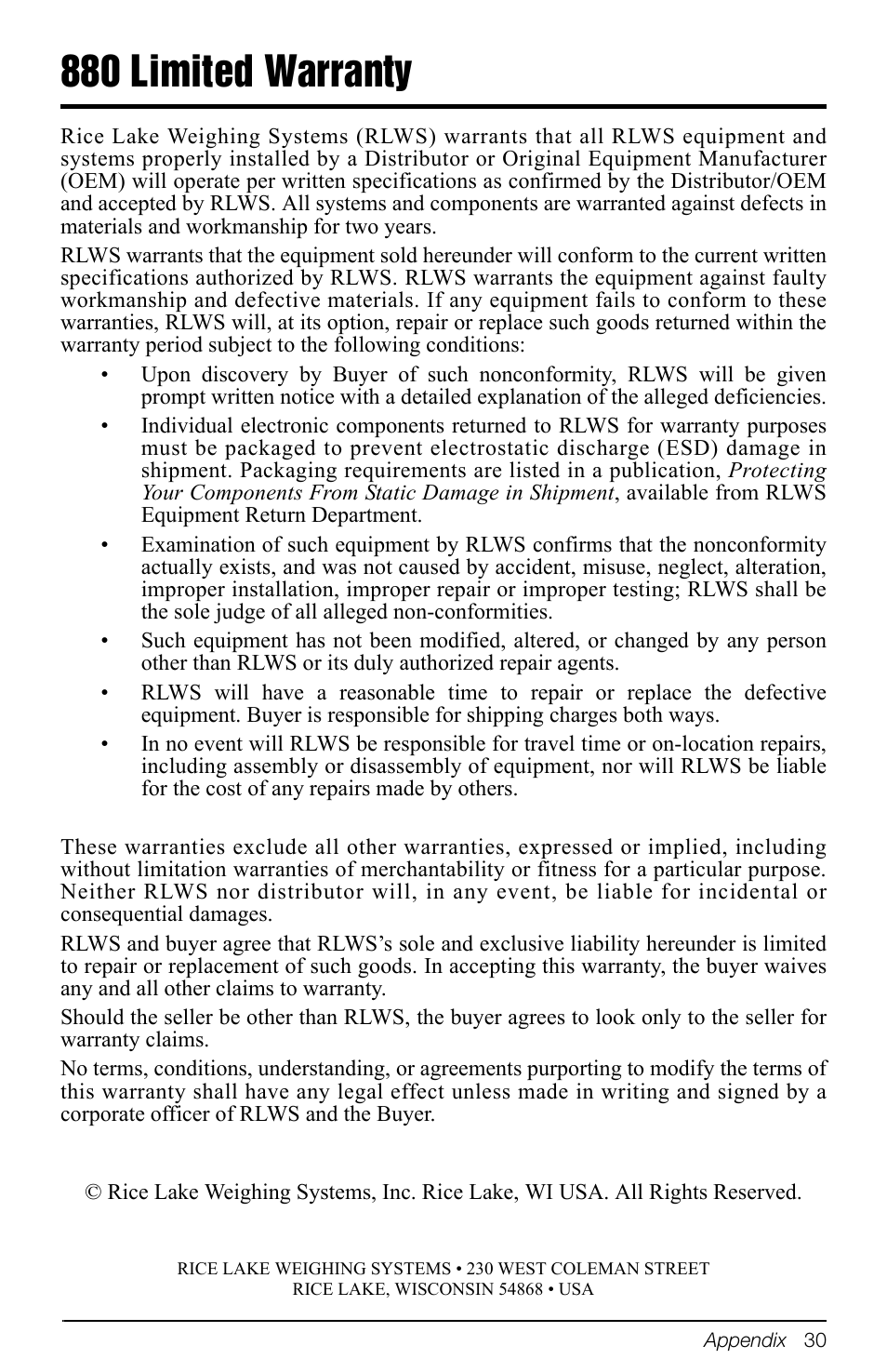 880 limited warranty | Rice Lake 880 Performance Series Indicator/Controller Operators Manual User Manual | Page 34 / 36