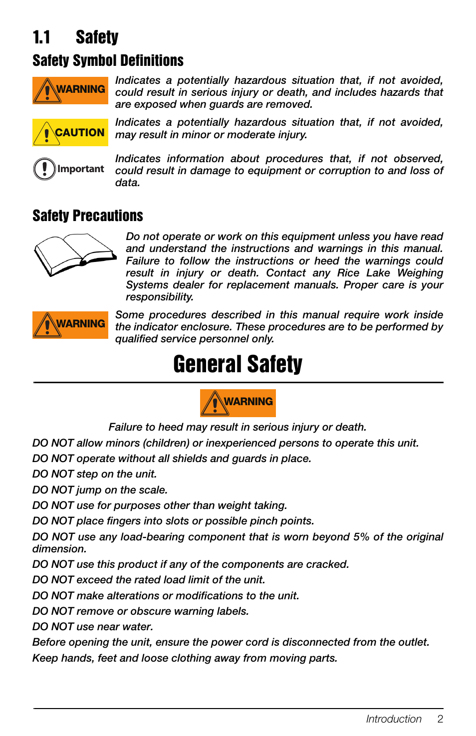 1 safety, General safety, Safety symbol definitions | Safety precautions | Rice Lake 880 Performance Series Indicator/Controller Operators Manual User Manual | Page 6 / 36