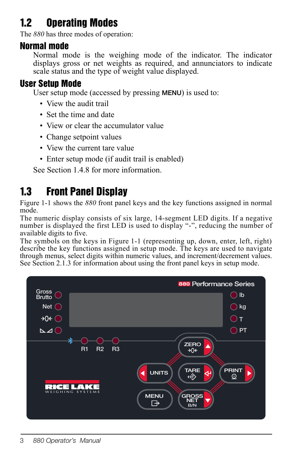 2 operating modes, 3 front panel display, 2 operating modes 1.3 front panel display | Normal mode, User setup mode, User setup mode (accessed by pressing | Rice Lake 880 Performance Series Indicator/Controller Operators Manual User Manual | Page 7 / 36