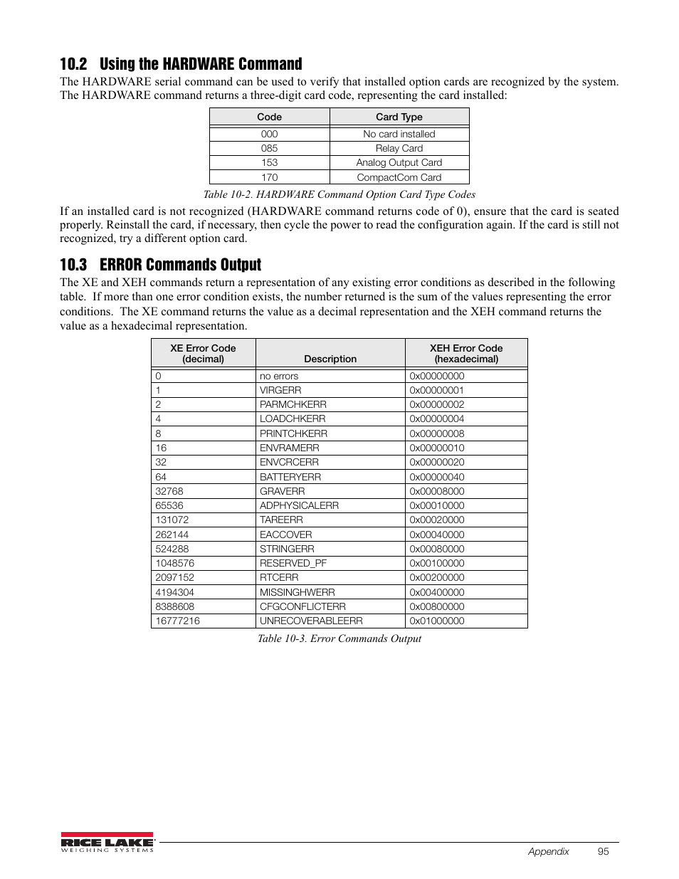 2 using the hardware command, 3 error commands output | Rice Lake 880 Performance Series Indicator/Controller Technical/Service Manual User Manual | Page 101 / 120