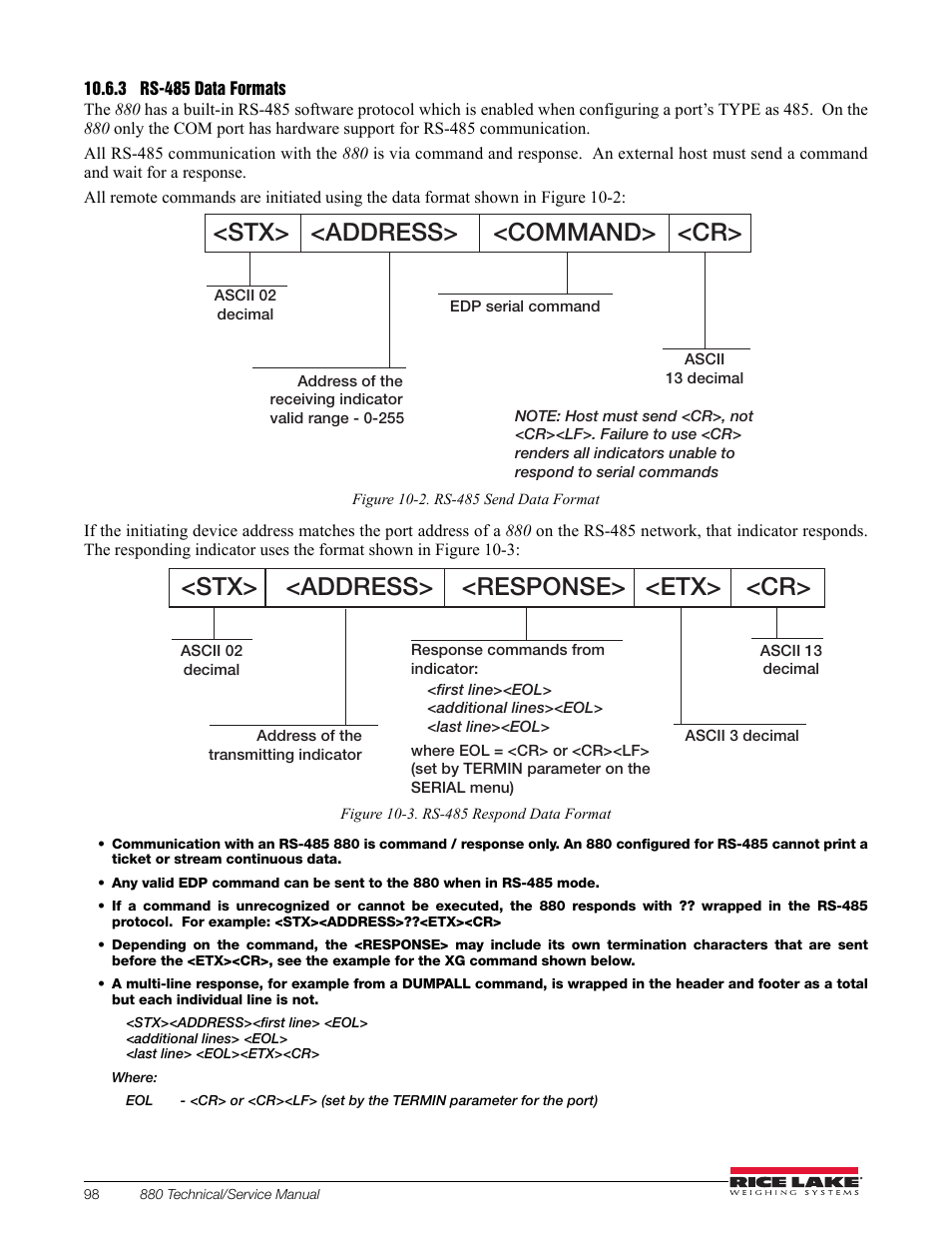 3 rs-485 data formats, Rs-485 data formats, See section 10.6.3 | Plication. see section 10.6.3, Stx> <address> <command> <cr, Cr> <response> <address> <etx | Rice Lake 880 Performance Series Indicator/Controller Technical/Service Manual User Manual | Page 104 / 120