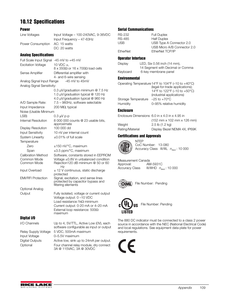 12 specifications | Rice Lake 880 Performance Series Indicator/Controller Technical/Service Manual User Manual | Page 115 / 120