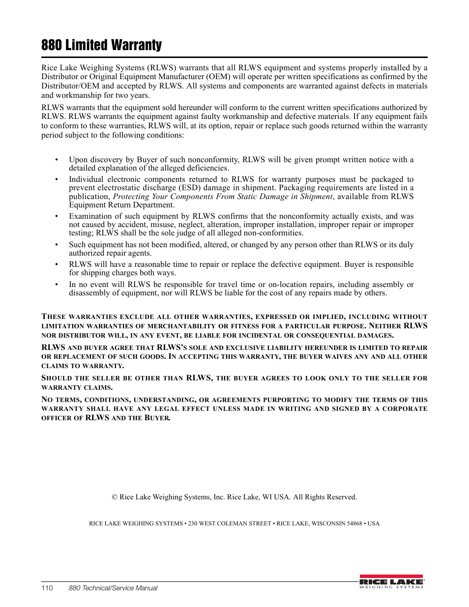 880 limited warranty | Rice Lake 880 Performance Series Indicator/Controller Technical/Service Manual User Manual | Page 116 / 120