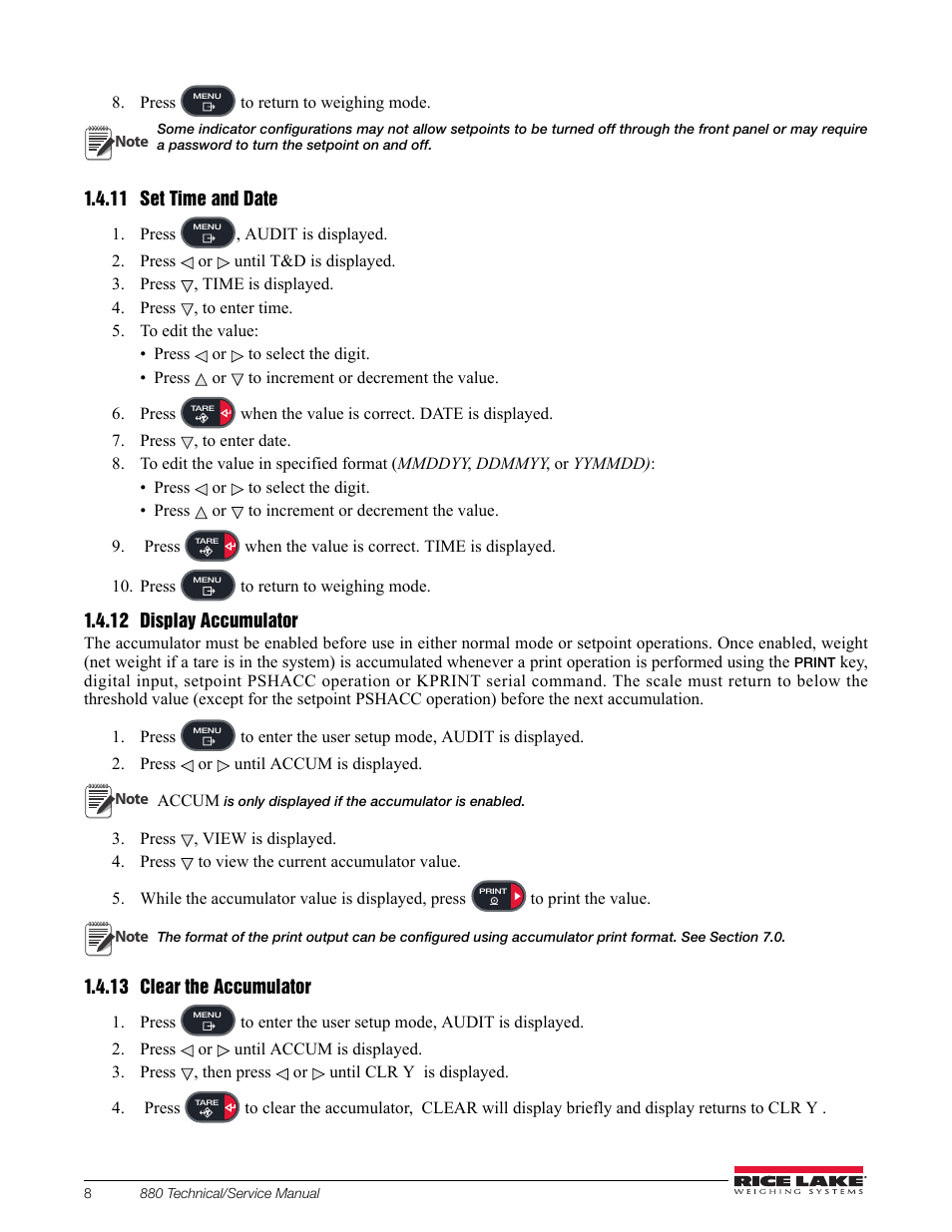 11 set time and date, 12 display accumulator, 13 clear the accumulator | Set time and date, Display accumulator, Clear the accumulator | Rice Lake 880 Performance Series Indicator/Controller Technical/Service Manual User Manual | Page 14 / 120