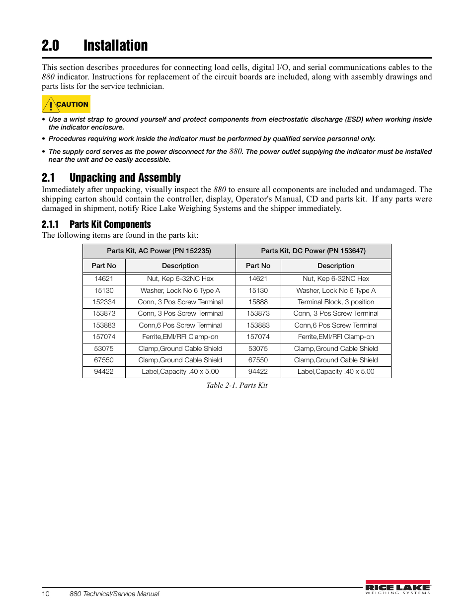 0 installation, 1 unpacking and assembly, 1 parts kit components | Installation, Parts kit components | Rice Lake 880 Performance Series Indicator/Controller Technical/Service Manual User Manual | Page 16 / 120