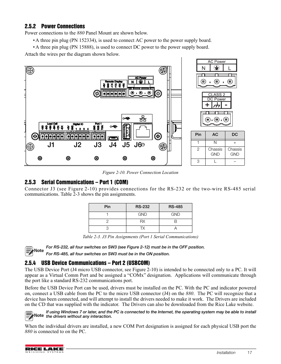 2 power connections, 3 serial communications – port 1 (com), 4 usb device communications – port 2 (usbcom) | Power connections, Serial communications – port 1 (com), Usb device communications – port 2 (usbcom) | Rice Lake 880 Performance Series Indicator/Controller Technical/Service Manual User Manual | Page 23 / 120