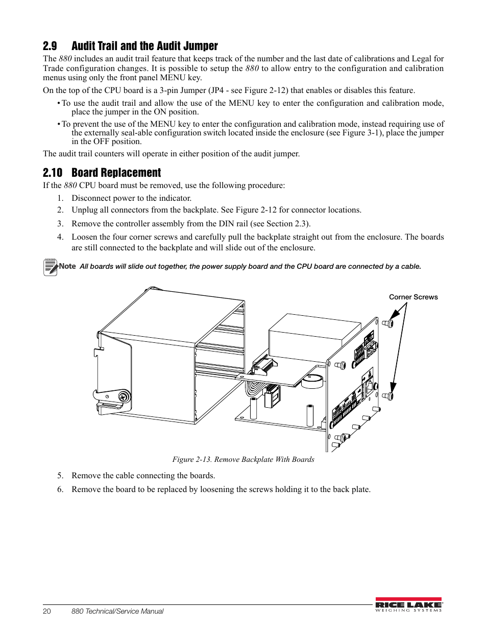 9 audit trail and the audit jumper, 10 board replacement | Rice Lake 880 Performance Series Indicator/Controller Technical/Service Manual User Manual | Page 26 / 120