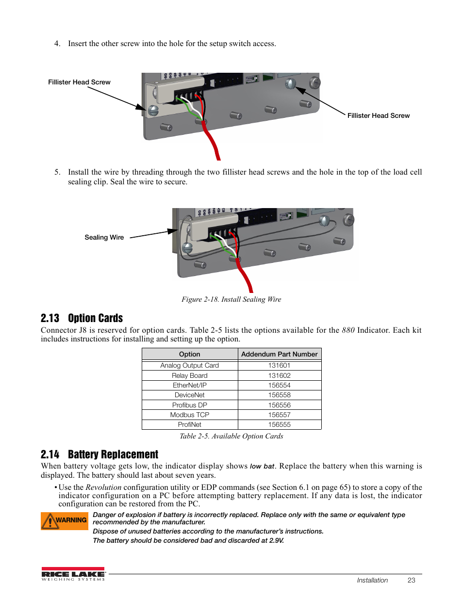 13 option cards, 14 battery replacement, 13 option cards 2.14 battery replacement | Rice Lake 880 Performance Series Indicator/Controller Technical/Service Manual User Manual | Page 29 / 120
