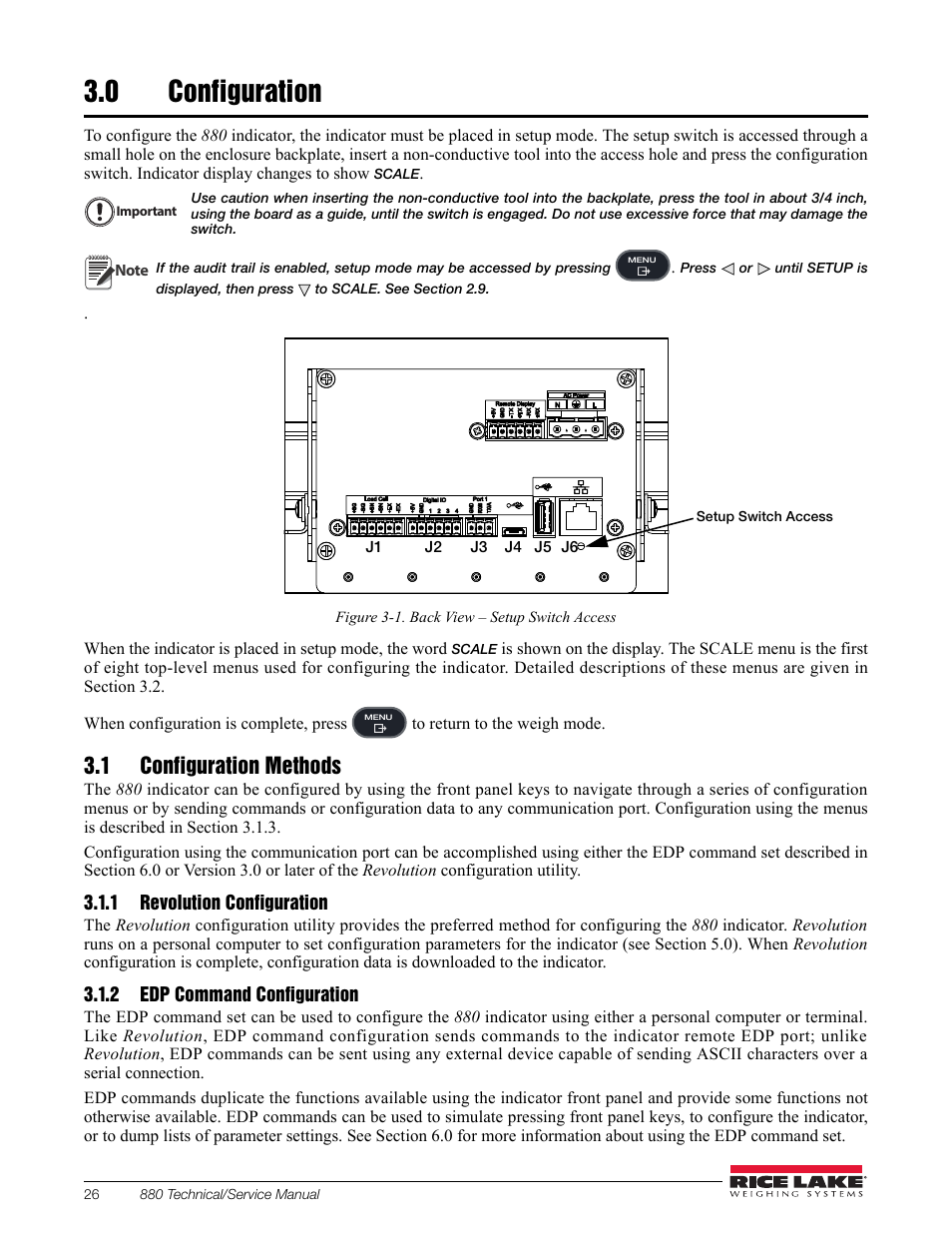 0 configuration, 1 configuration methods, 1 revolution configuration | 2 edp command configuration, Revolution configuration, Edp command configuration, Figure 3-1), place | Rice Lake 880 Performance Series Indicator/Controller Technical/Service Manual User Manual | Page 32 / 120