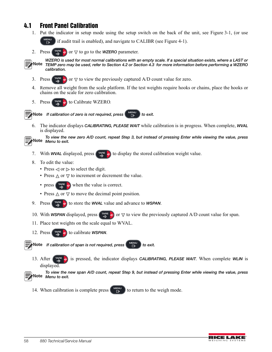 1 front panel calibration, Section 4.1 | Rice Lake 880 Performance Series Indicator/Controller Technical/Service Manual User Manual | Page 64 / 120